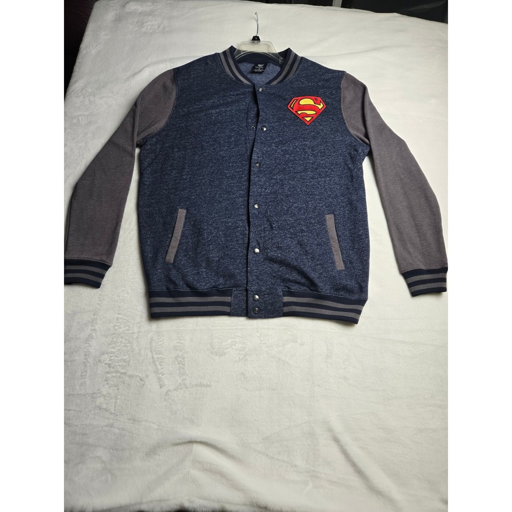 Superman DC Comics Mens XL Varsity‎ Letterman Jacket Navy Blue Grey Snap Front